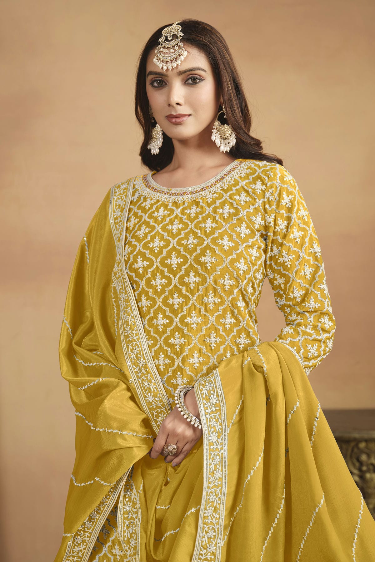 Yellow Colour Lehenga Suit Chinon Semi Stitched