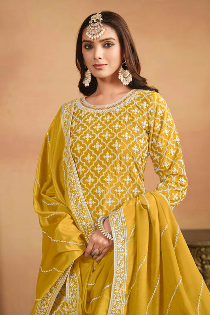 Yellow Colour Lehenga Suit Chinon Semi Stitched