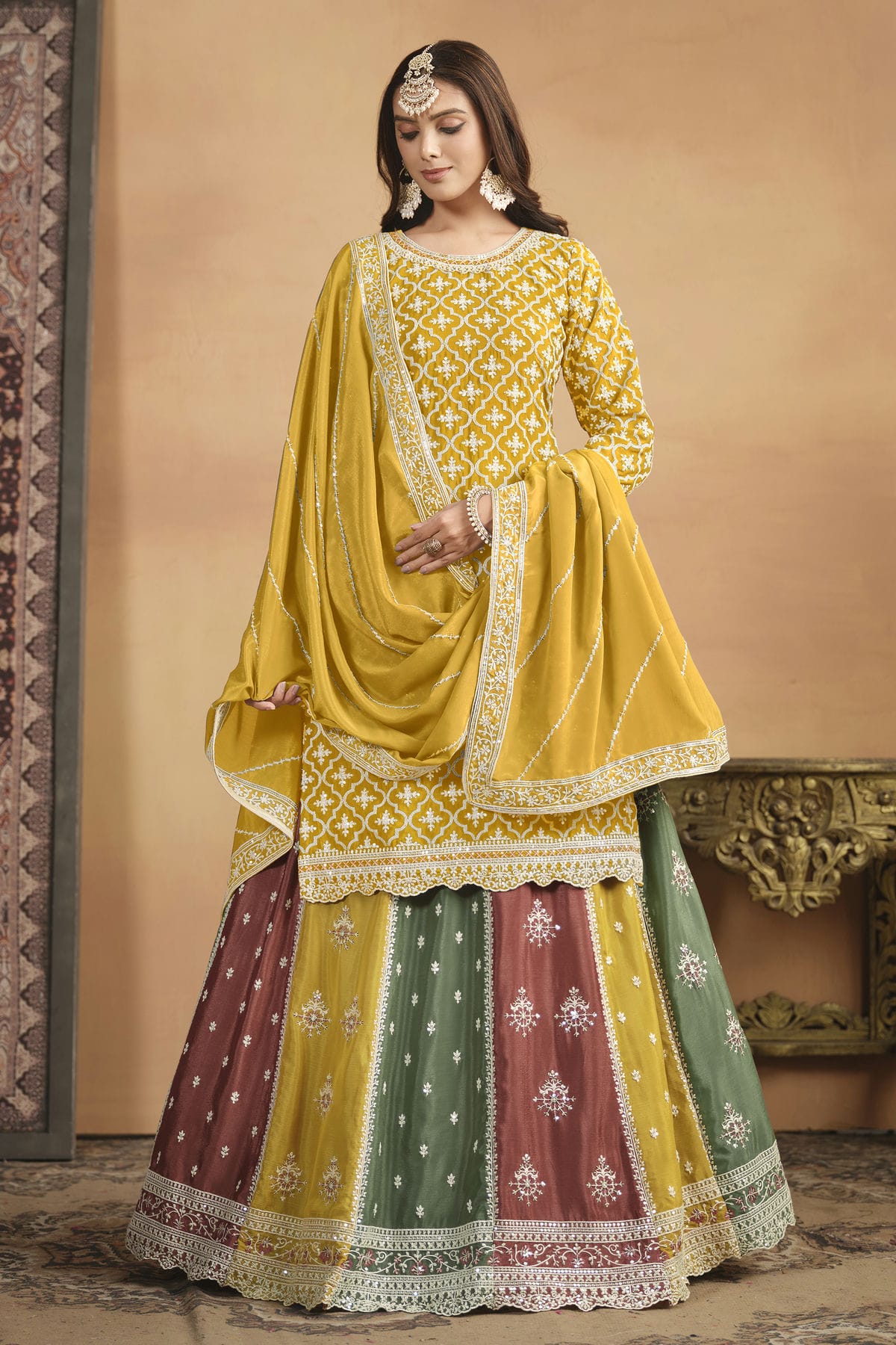 Yellow Colour Lehenga Suit Chinon Semi Stitched