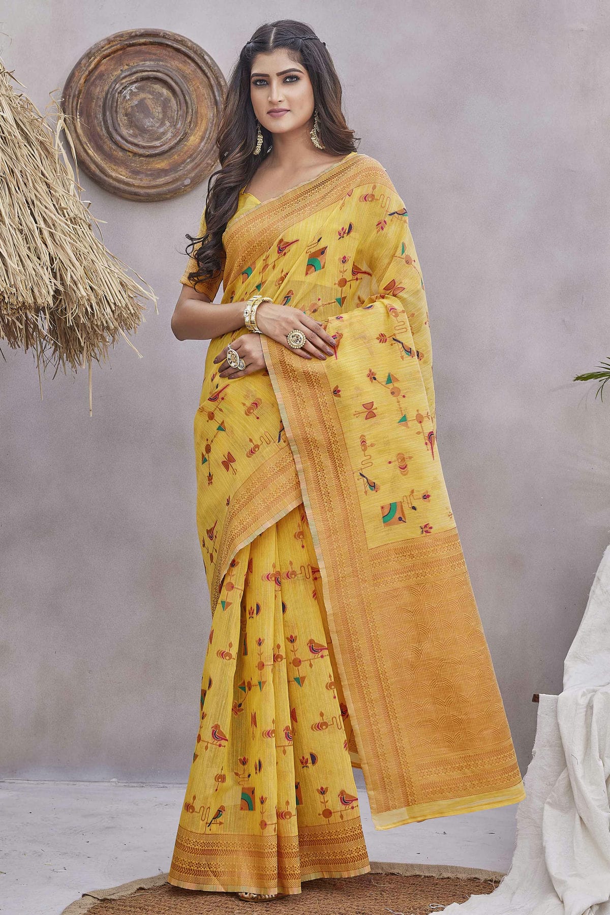 Yellow Colour Linen Traditional Saree