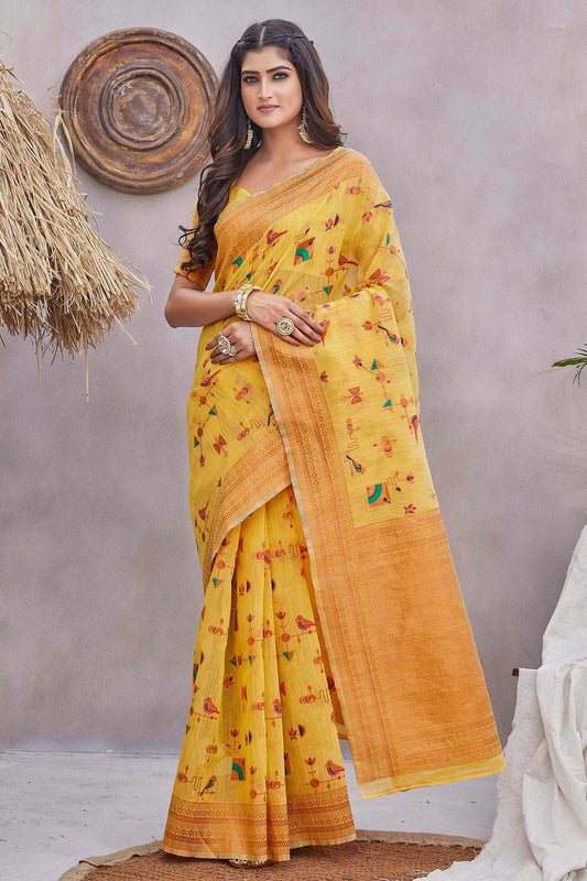 Yellow Colour Linen Traditional Saree