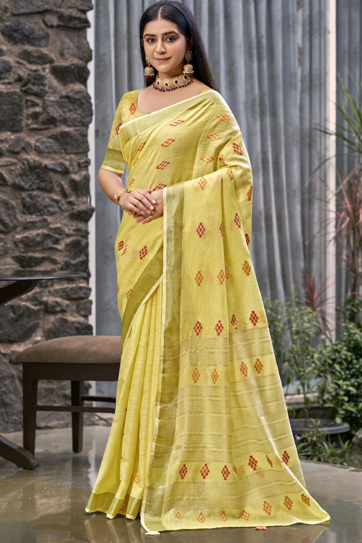 Yellow Colour Linen Woven Work Traditional Saree