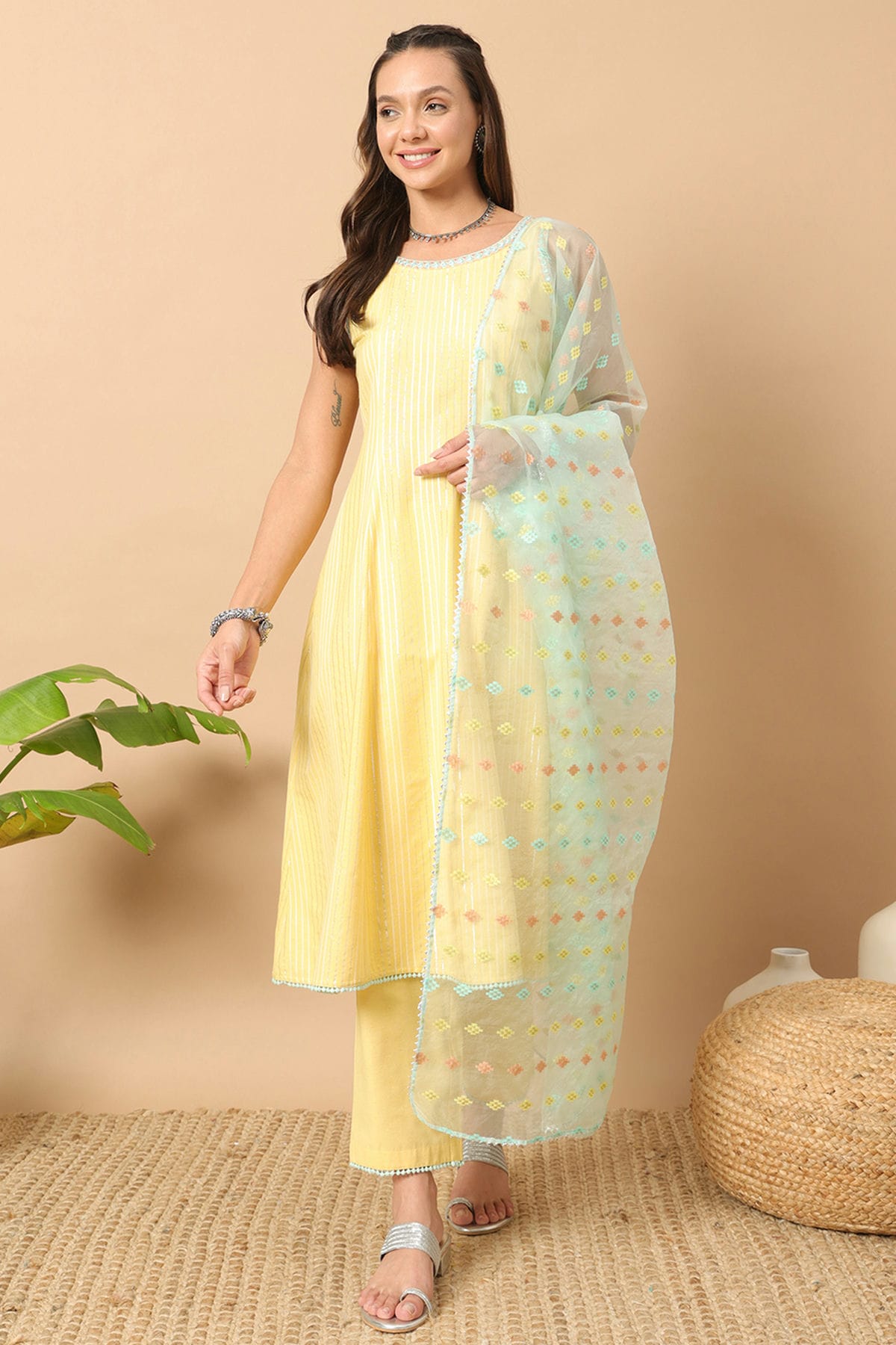 Yellow Colour Lurex Cotton Stitched Salwar Suit