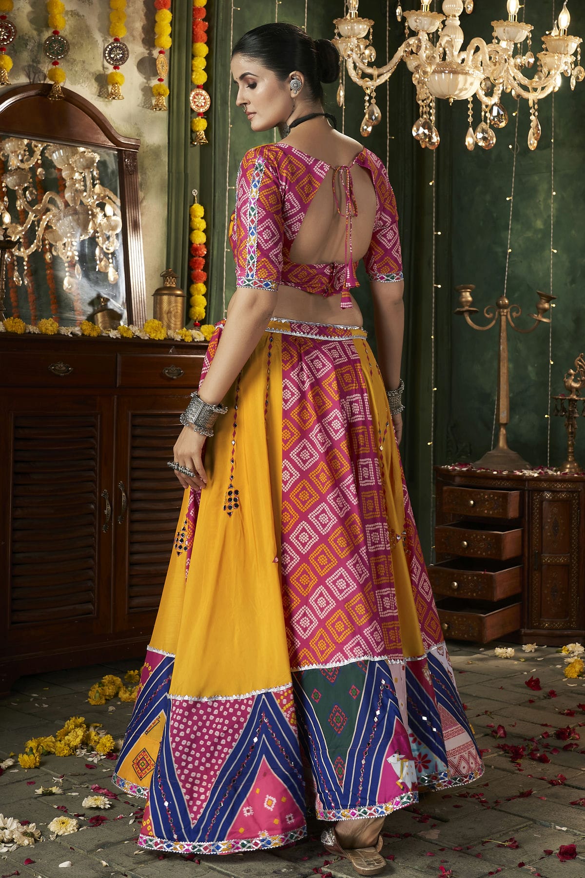 Yellow Colour Maslin Cotton Navratri Lehenga