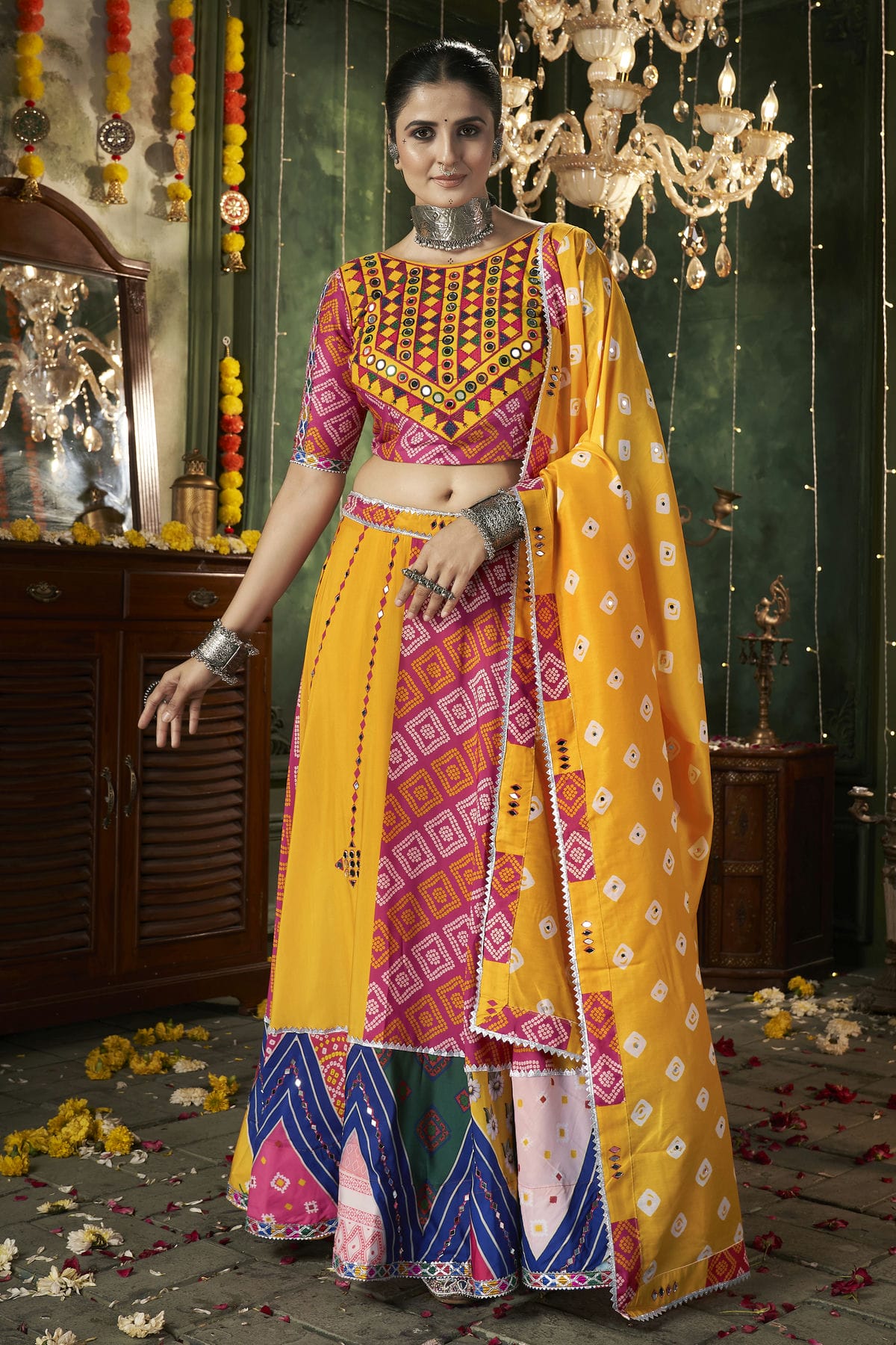 Yellow Colour Maslin Cotton Navratri Lehenga