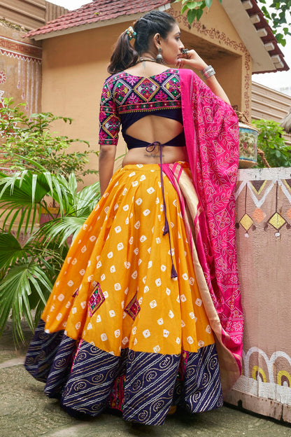 Yellow Colour Maslin Cotton Navratri Lehenga