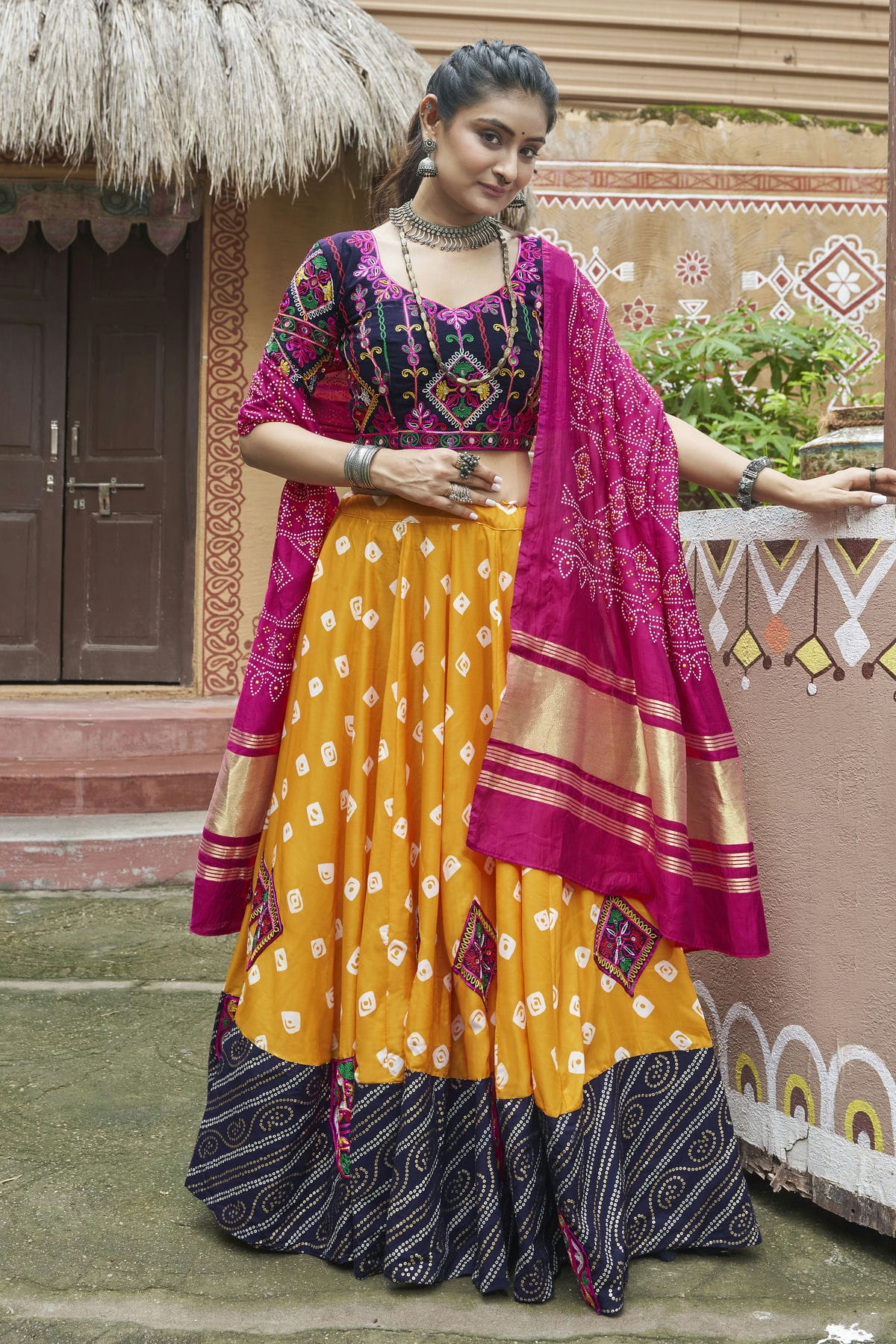 Yellow Colour Maslin Cotton Navratri Lehenga