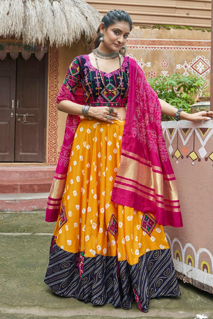 Yellow Colour Maslin Cotton Navratri Lehenga