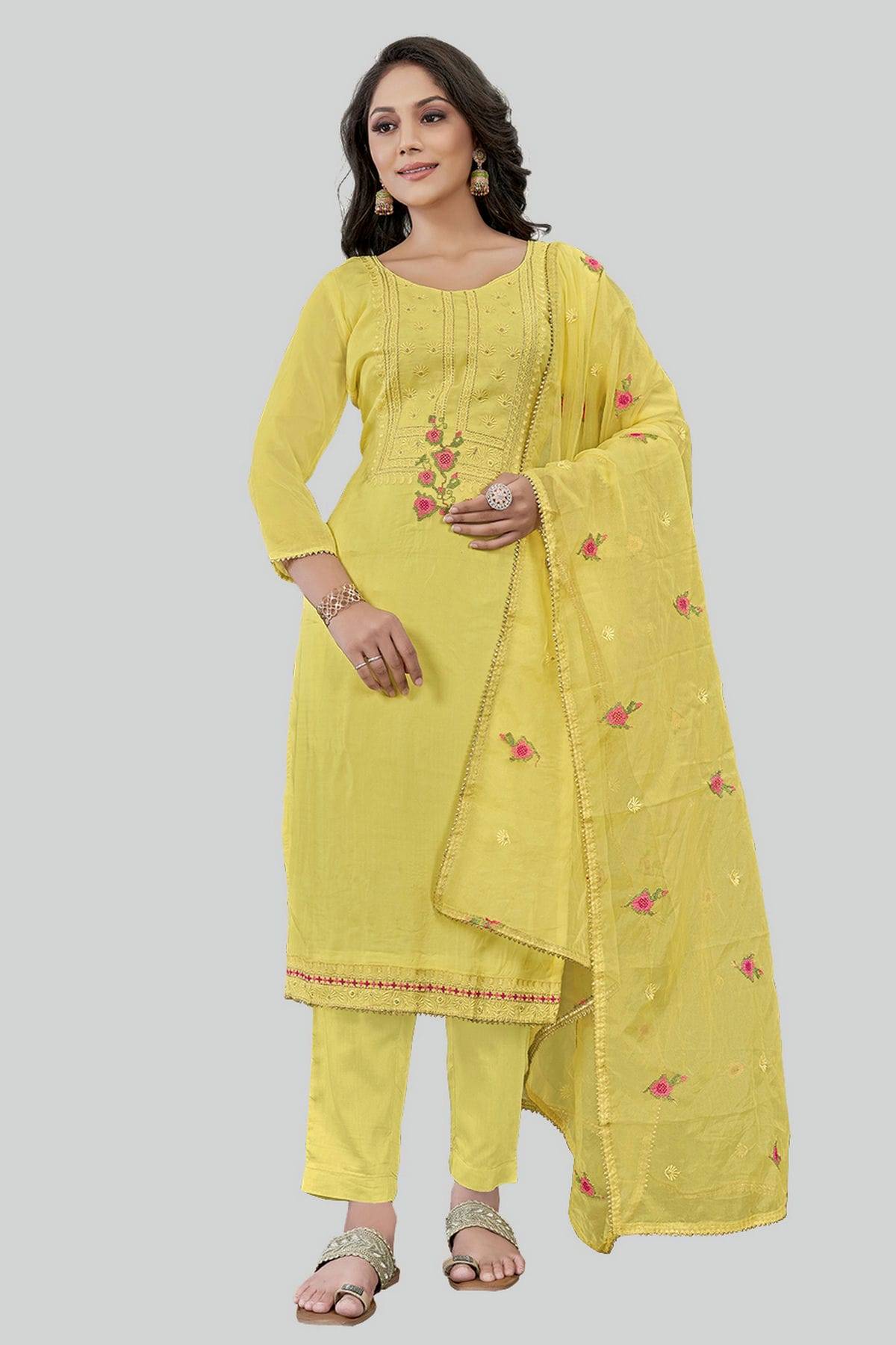 Yellow Colour Modal Silk Pant Style Suit