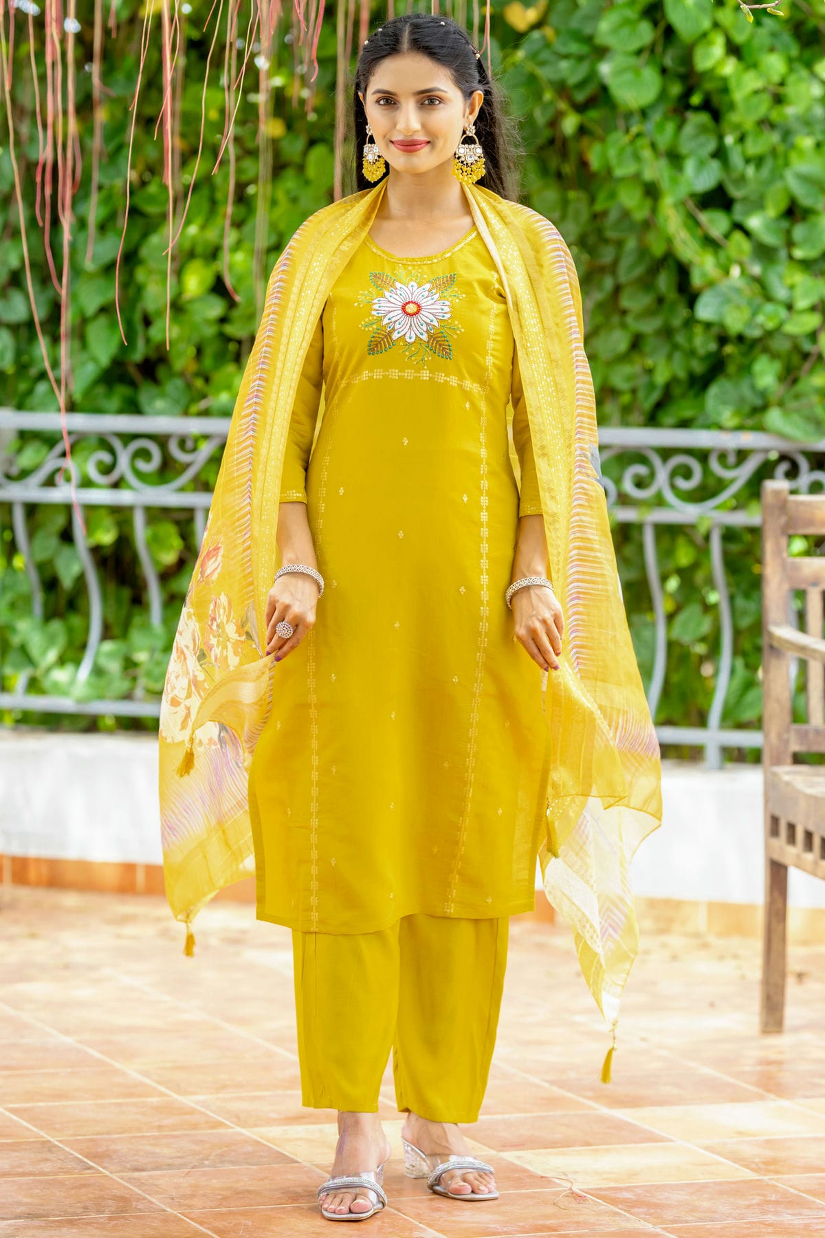 Yellow Colour Modal Silk Stitched Suit