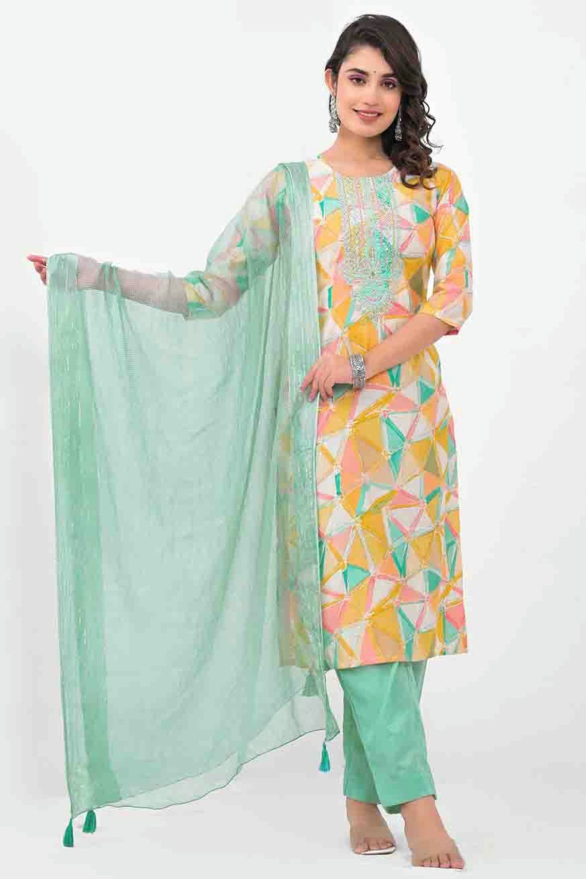 Yellow Colour Muslin Stitched Pant Style Suit VSSS1140727