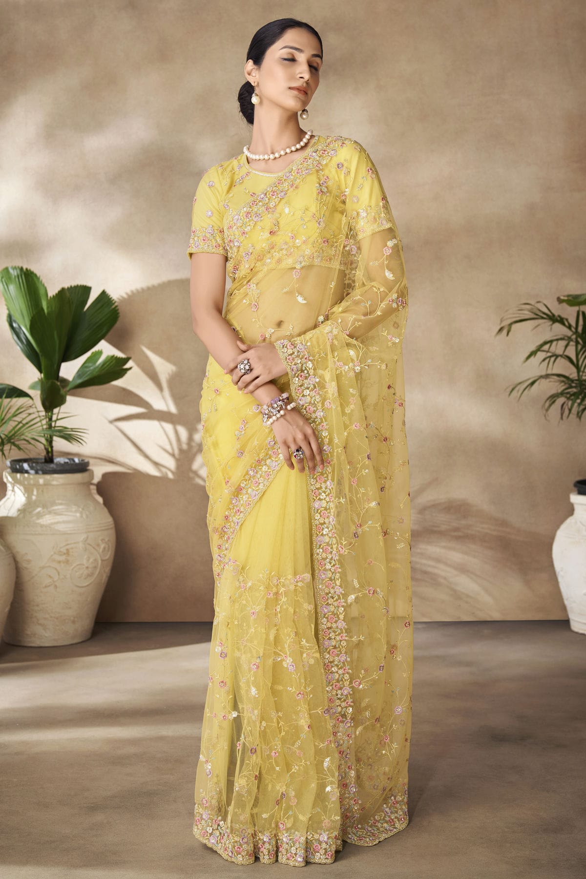 Yellow Colour Net Designer Saree