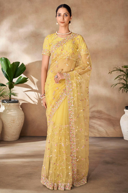 Yellow Colour Net Designer Saree