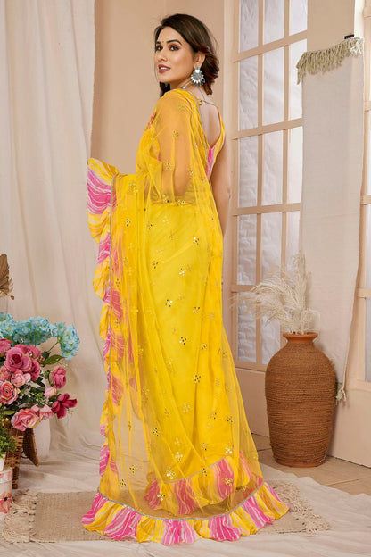 Yellow Colour Net Ruffle Saree