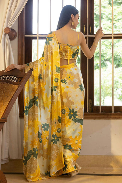 Yellow Colour Nylon Japan Satin Printed Saree