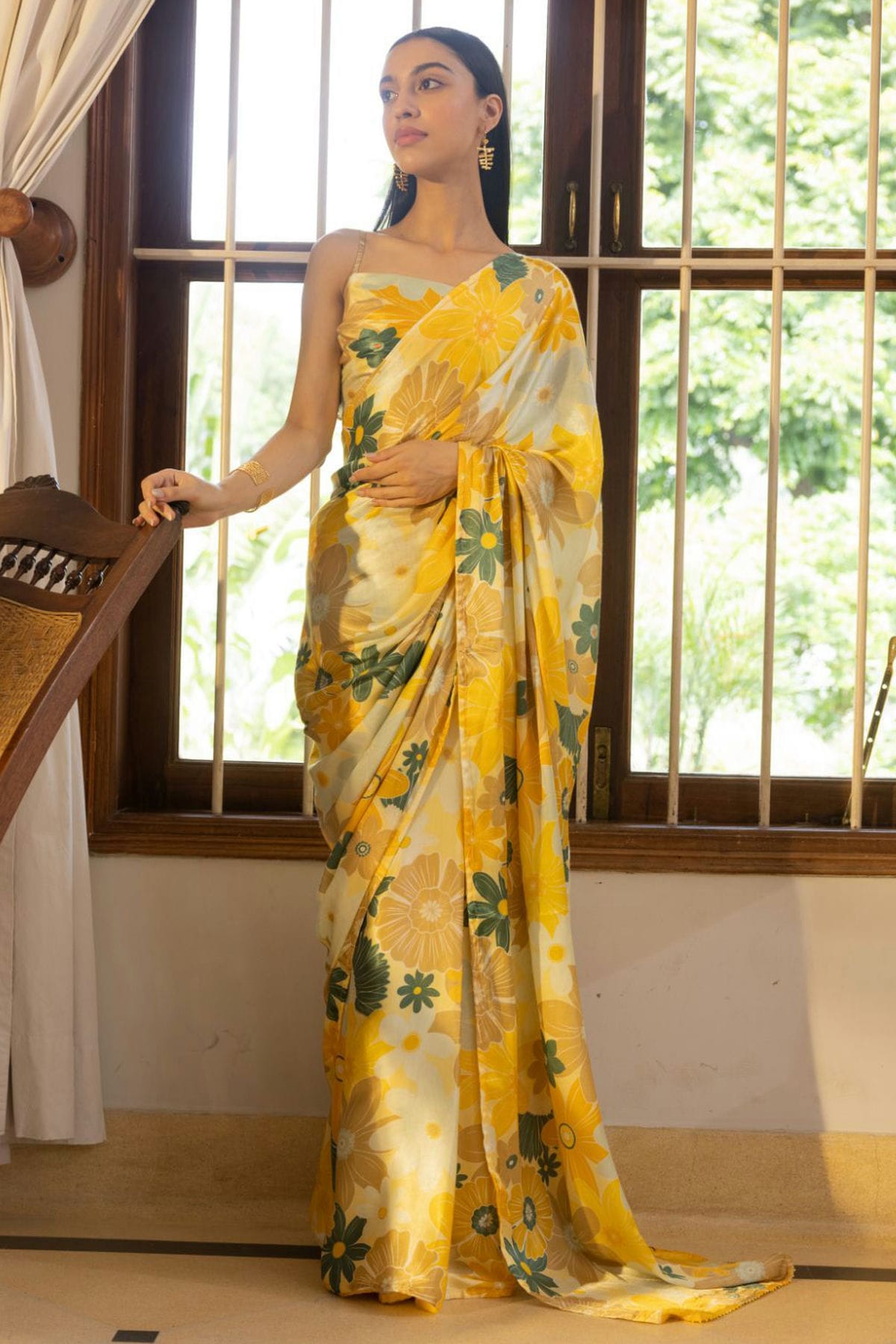 Yellow Colour Nylon Japan Satin Printed Saree