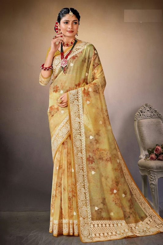 Yellow Colour Organza Printed Saree