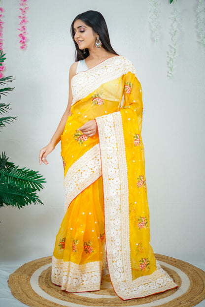 Yellow Colour Organza Saree