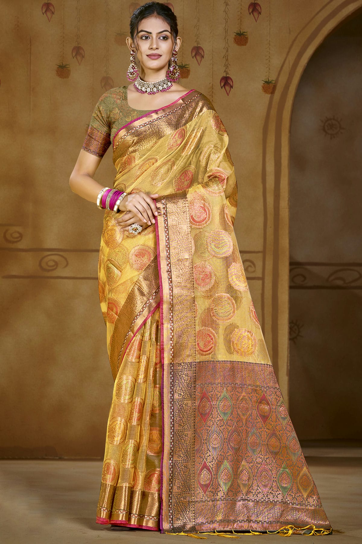 Yellow Colour Organza Woven Work Traditional Saree