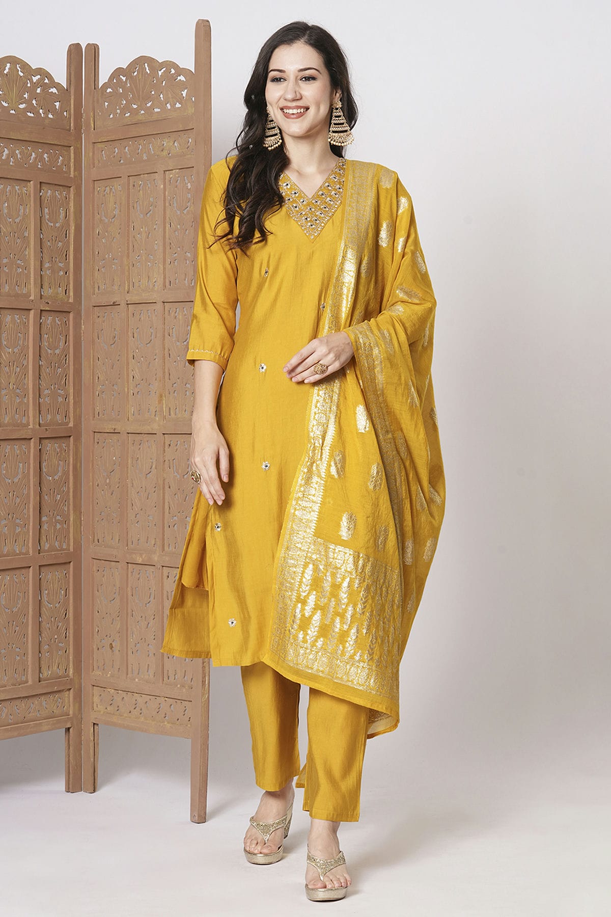 Yellow Colour PV Chanderi Stitched Salwar Suit