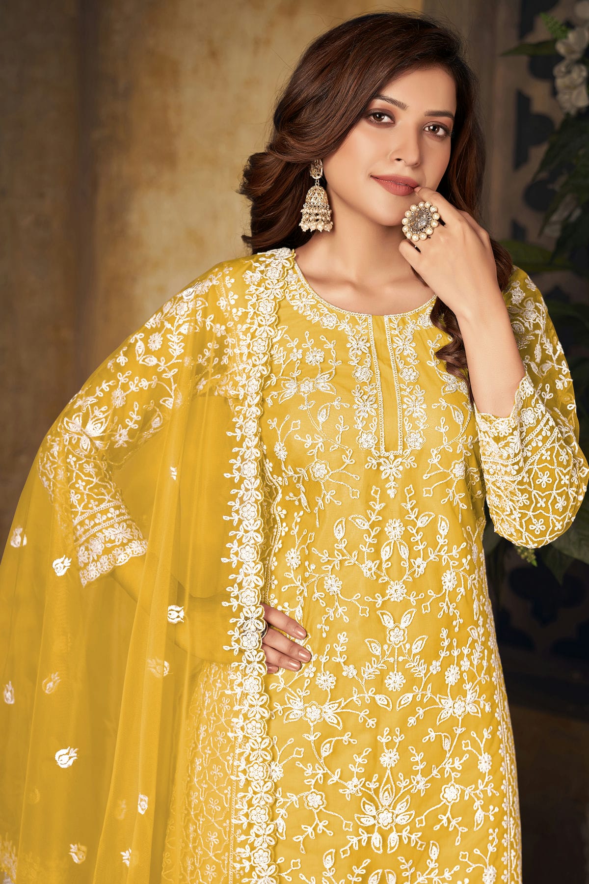 Yellow Colour Plazoo Pant Suit Net Semi Stitched