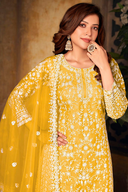 Yellow Colour Plazoo Pant Suit Net Semi Stitched