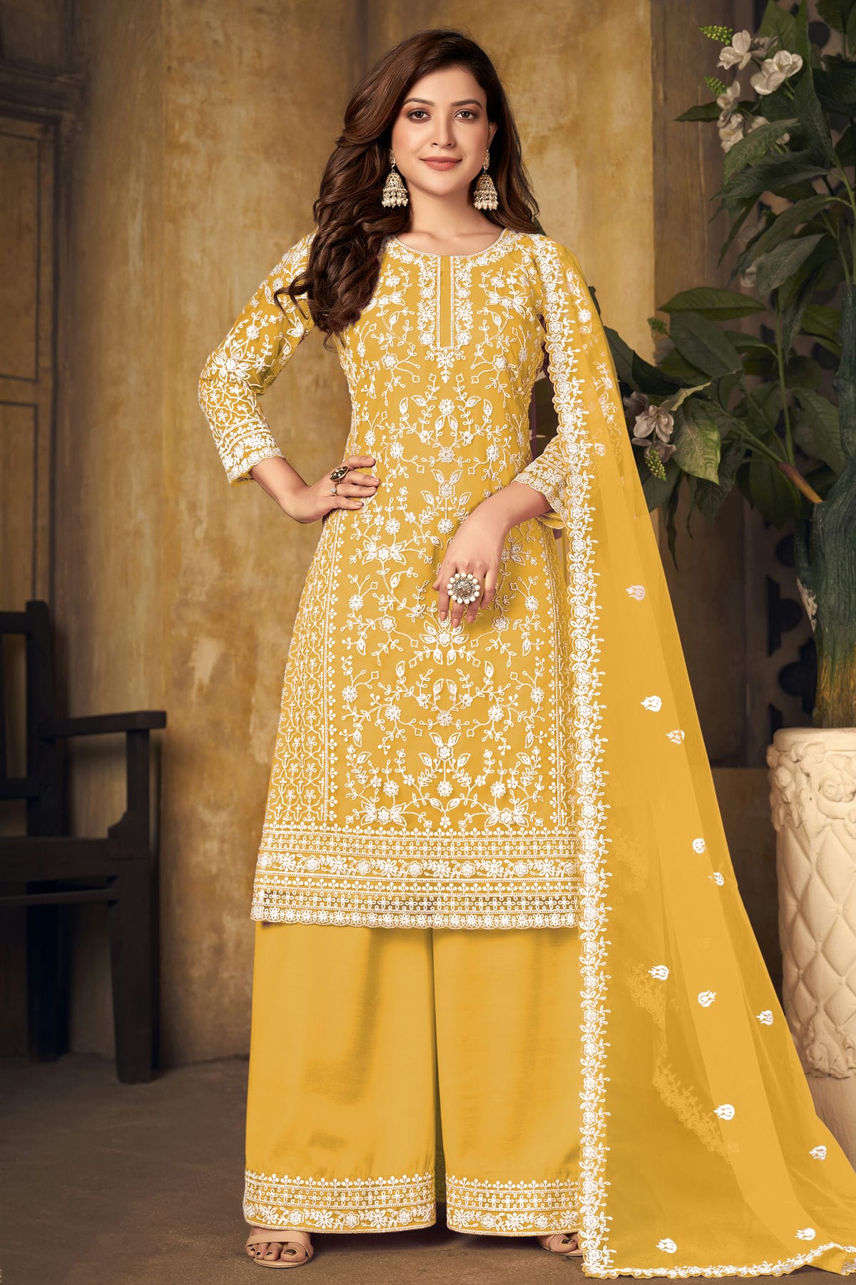 Yellow Colour Plazoo Pant Suit Net Semi Stitched