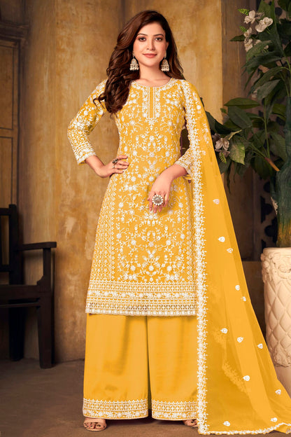 Yellow Colour Plazoo Pant Suit Net Semi Stitched