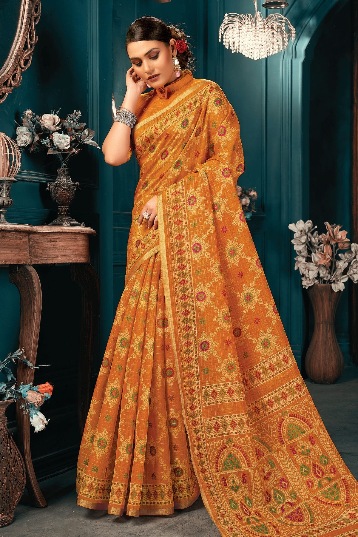 Yellow Colour Printed Work Cotton Saree