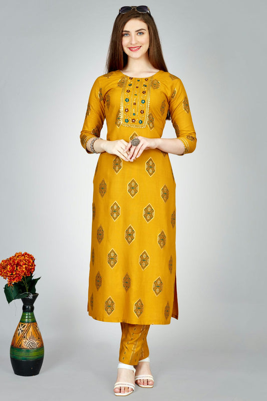 Yellow Colour Rayon Kurta And Pant Set