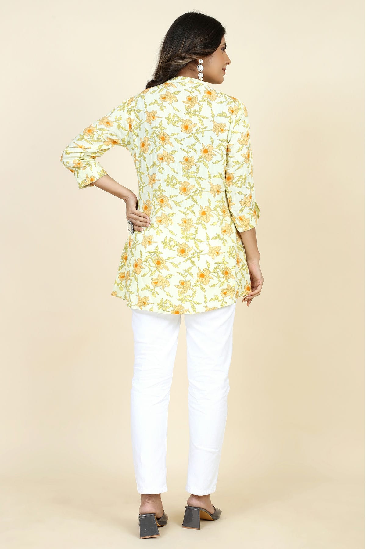 Yellow Colour Rayon Printed Work Readymade Top