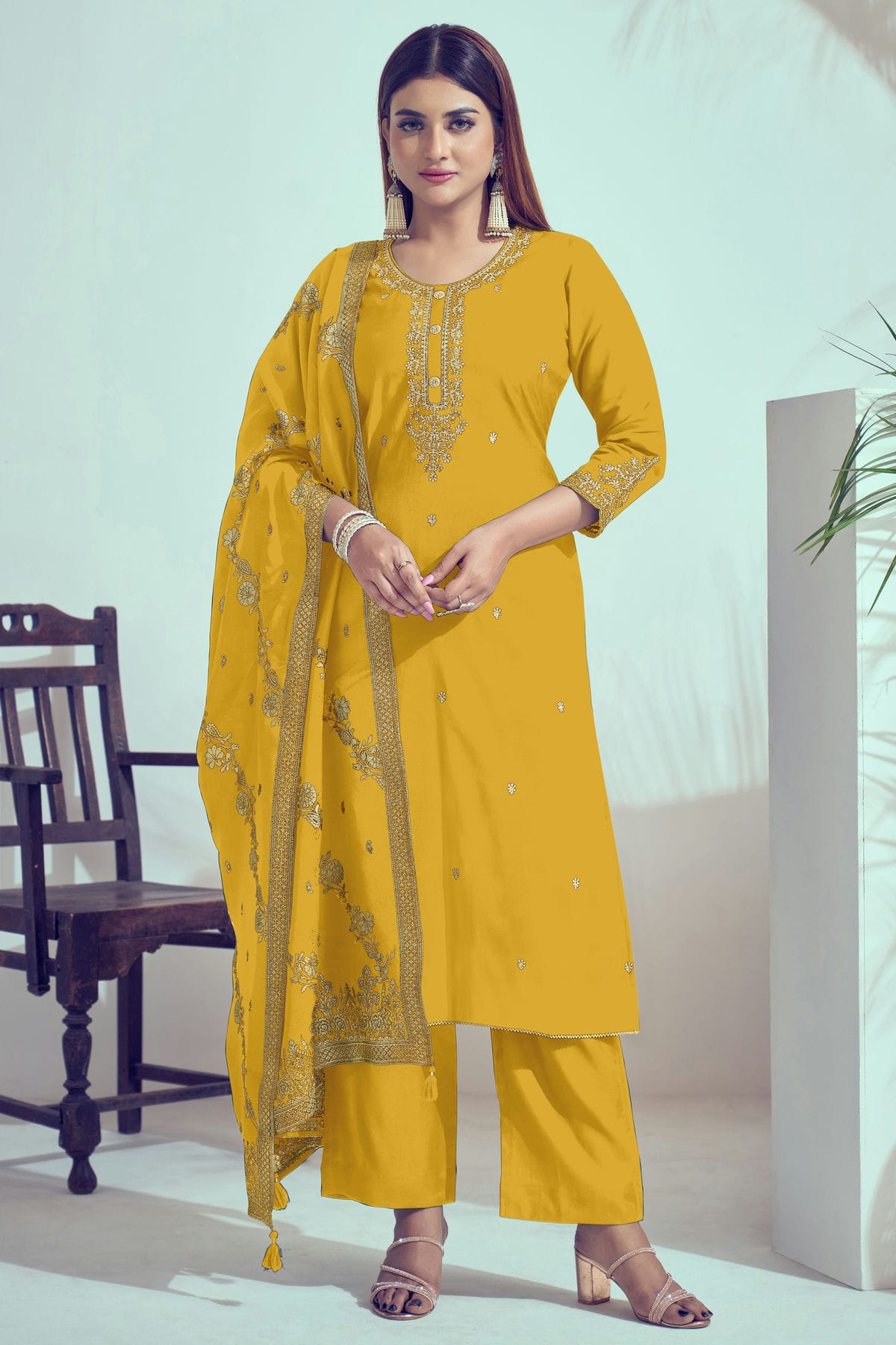 Yellow Colour Roman Silk Stitched Salwar Suit