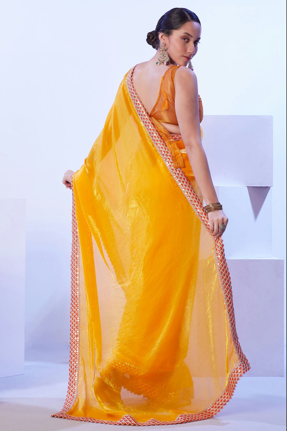 Yellow Colour Satin Jimmy Choo Designer Saree VSSD1112618