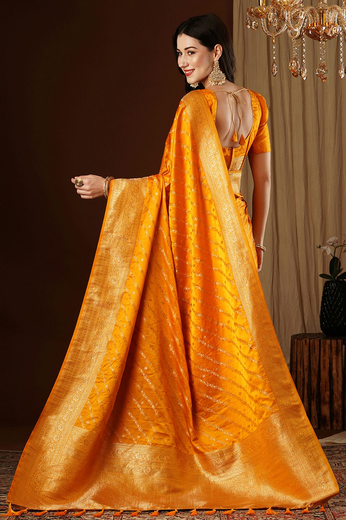 Yellow Colour Satin Silk Traditional Saree