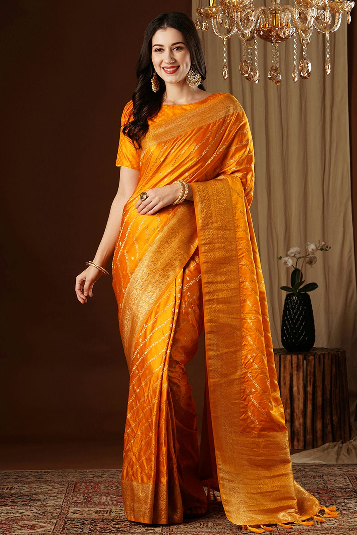 Yellow Colour Satin Silk Traditional Saree