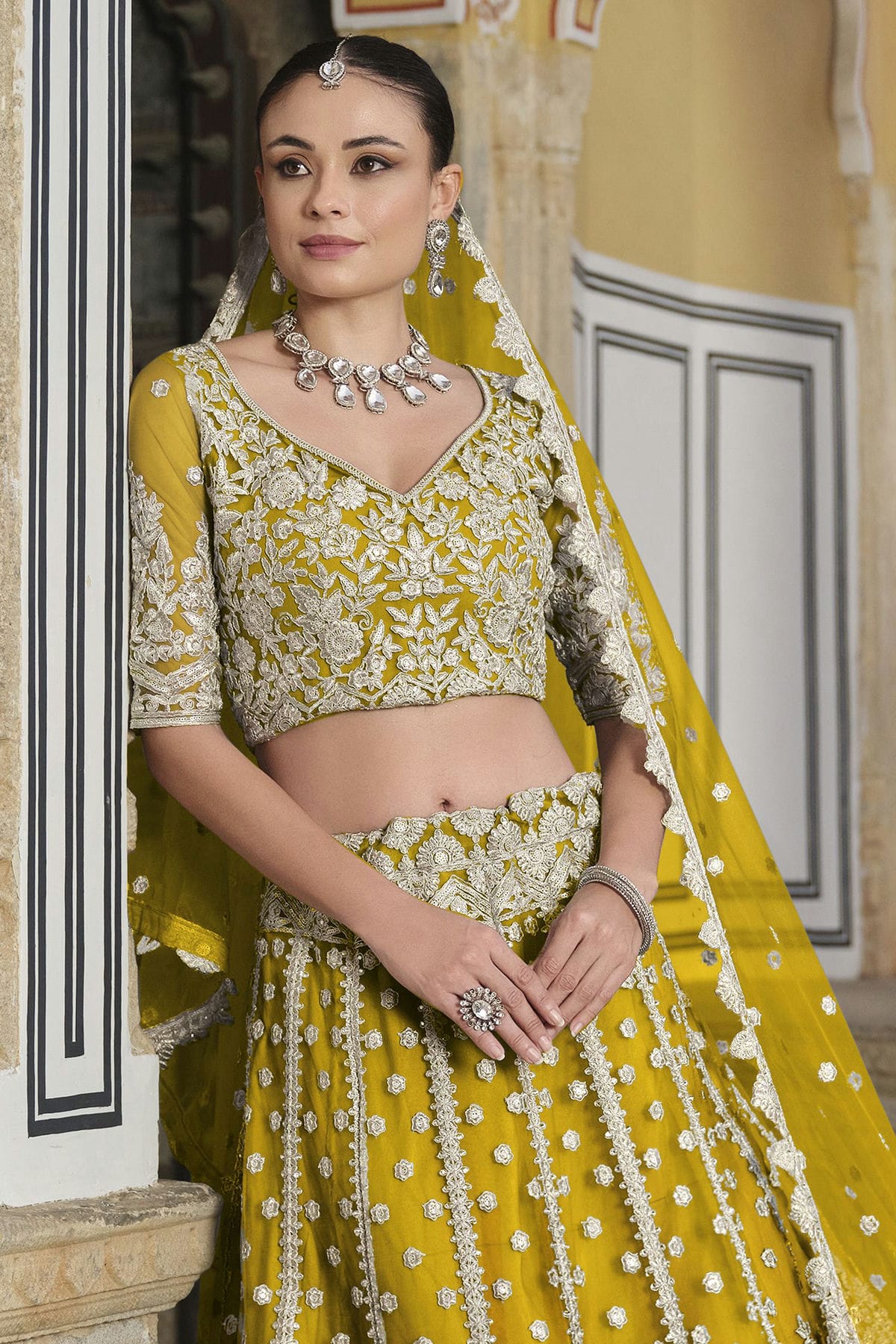 Yellow Colour Semi Stitched Butterfly Net Lehenga Choli VSLC1112512