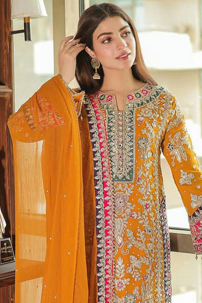 Yellow Colour Semi Stitched Chinon Silk Pakistani Suit