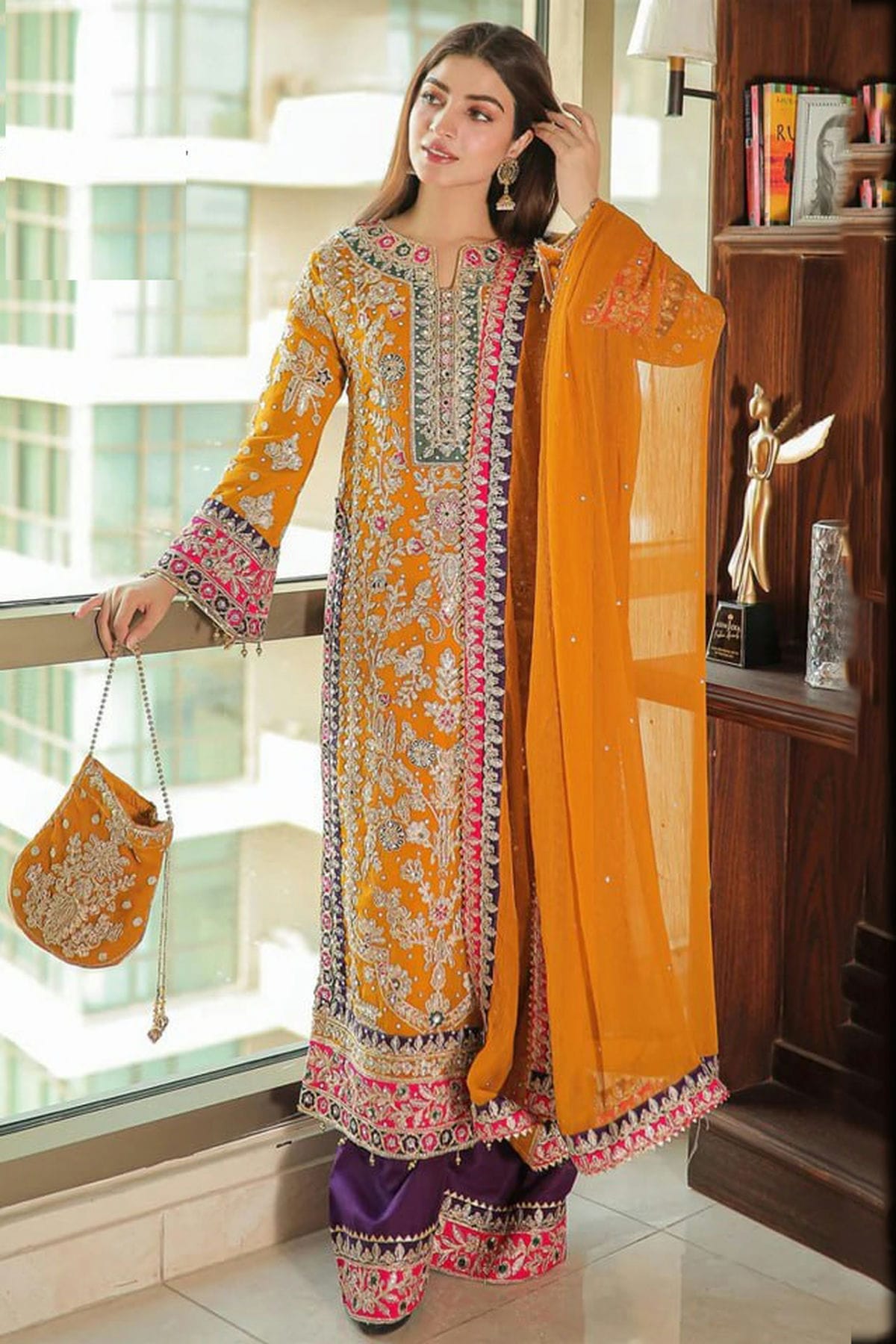 Yellow Colour Semi Stitched Chinon Silk Pakistani Suit