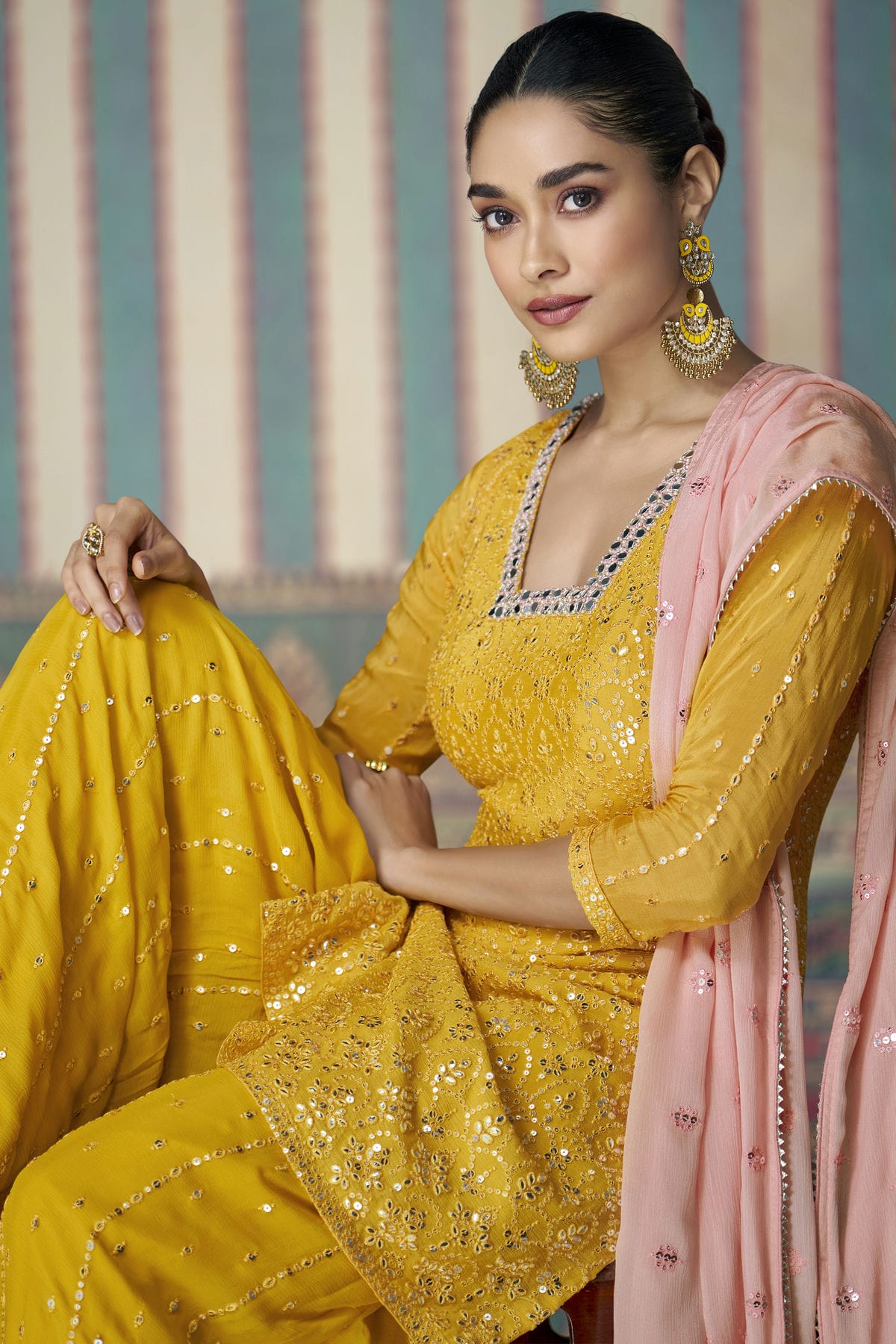 Yellow Colour Semi Stitched Chinon Silk Palazzo Pant Suit