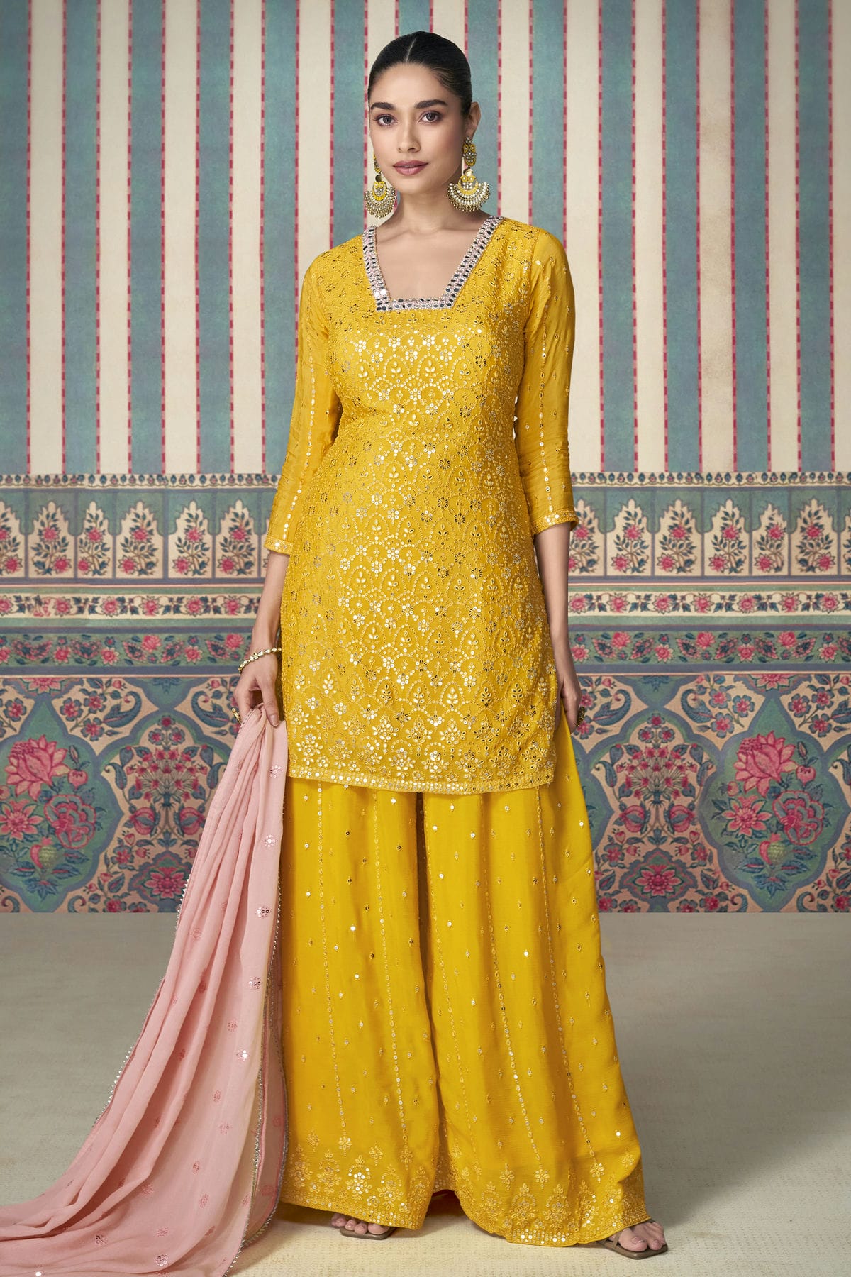 Yellow Colour Semi Stitched Chinon Silk Palazzo Pant Suit