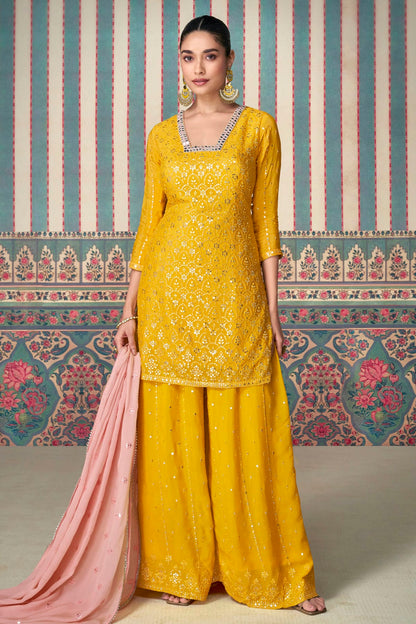 Yellow Colour Semi Stitched Chinon Silk Palazzo Pant Suit