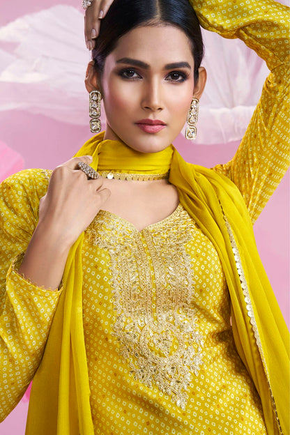 Yellow Colour Semi Stitched Chinon Silk Palazzo Pant Suit VSSM1140702