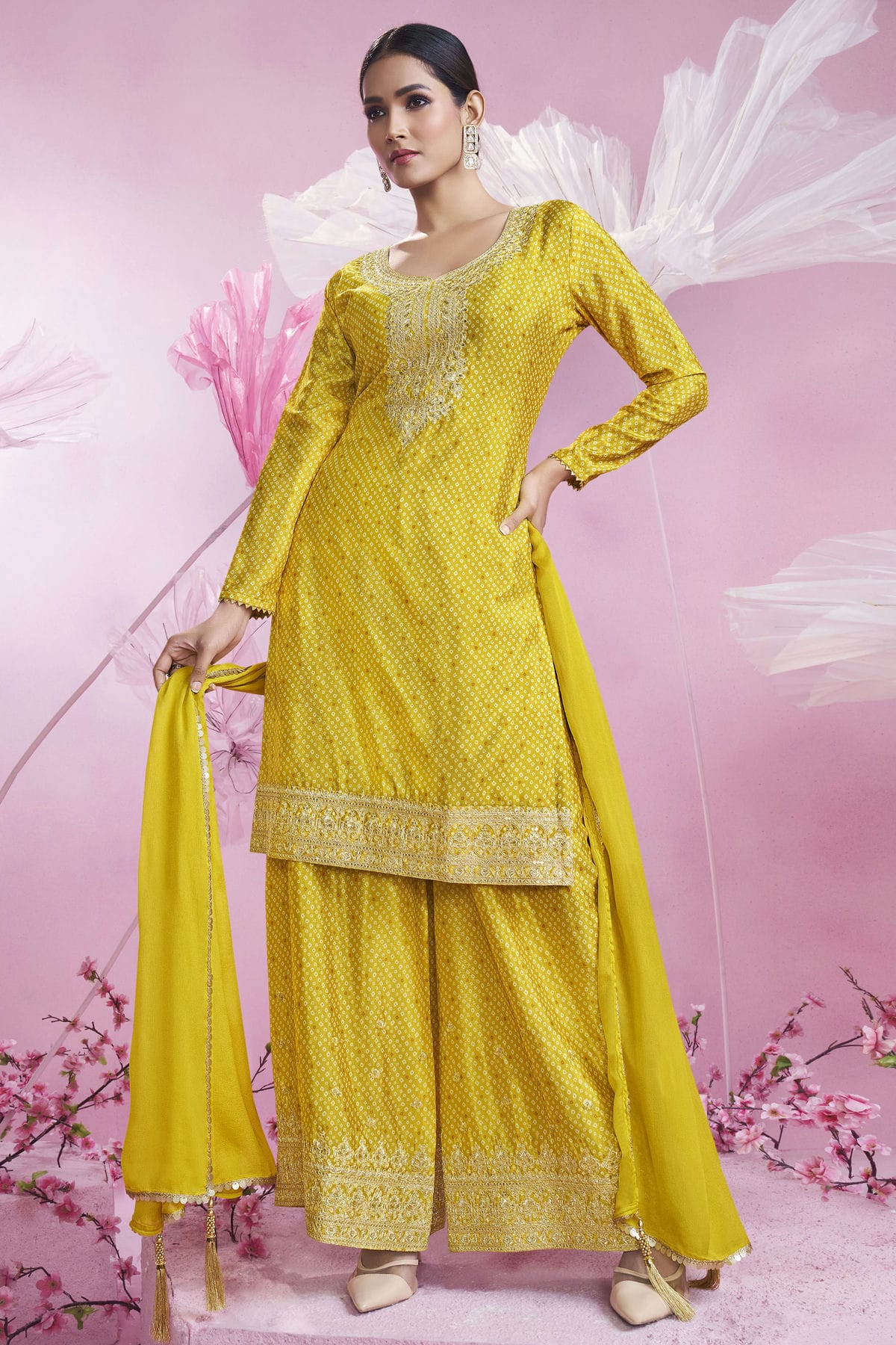 Yellow Colour Semi Stitched Chinon Silk Palazzo Pant Suit VSSM1140702