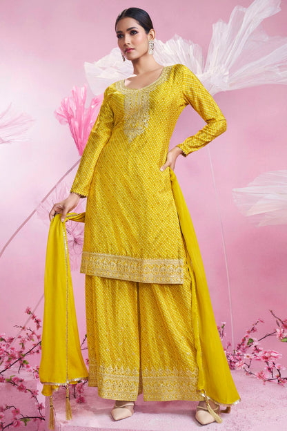 Yellow Colour Semi Stitched Chinon Silk Palazzo Pant Suit VSSM1140702