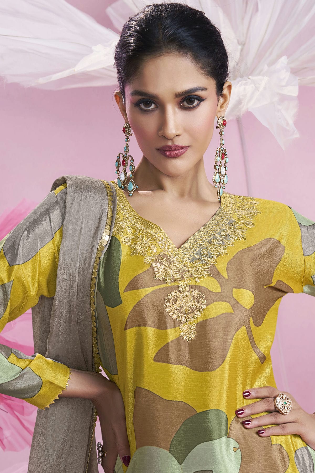 Yellow Colour Semi Stitched Chinon Silk Palazzo Pant Suit VSSM1140704