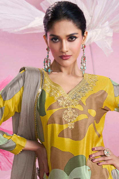 Yellow Colour Semi Stitched Chinon Silk Palazzo Pant Suit VSSM1140704