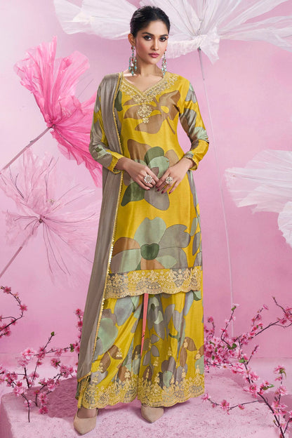 Yellow Colour Semi Stitched Chinon Silk Palazzo Pant Suit VSSM1140704