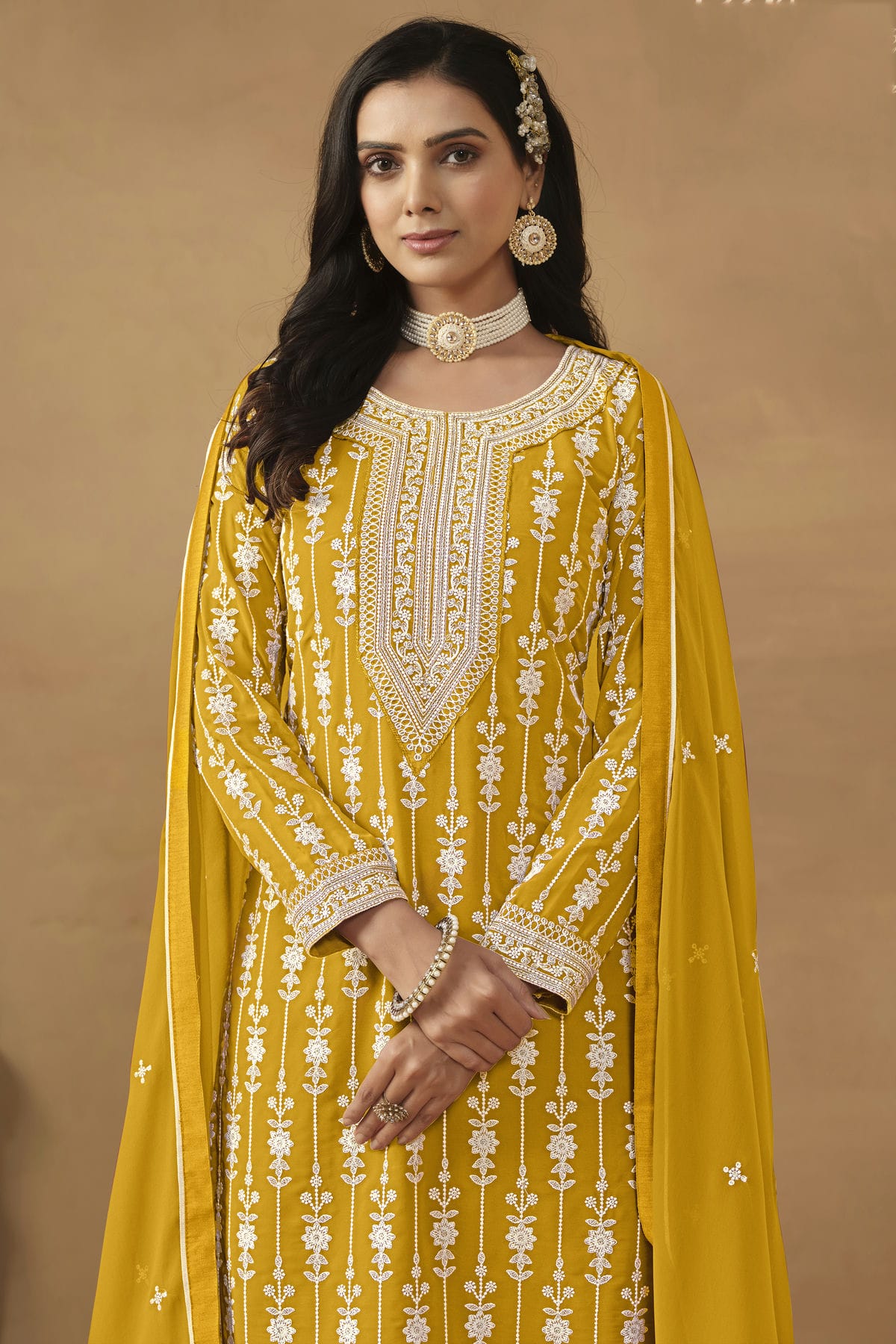 Yellow Colour Semi Stitched Faux Georgette Sharara Suit