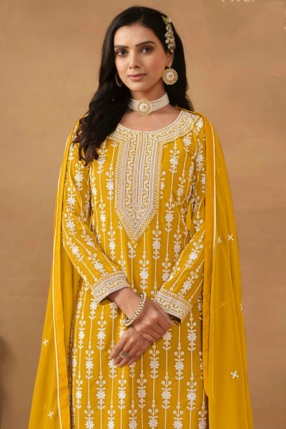 Yellow Colour Semi Stitched Faux Georgette Sharara Suit