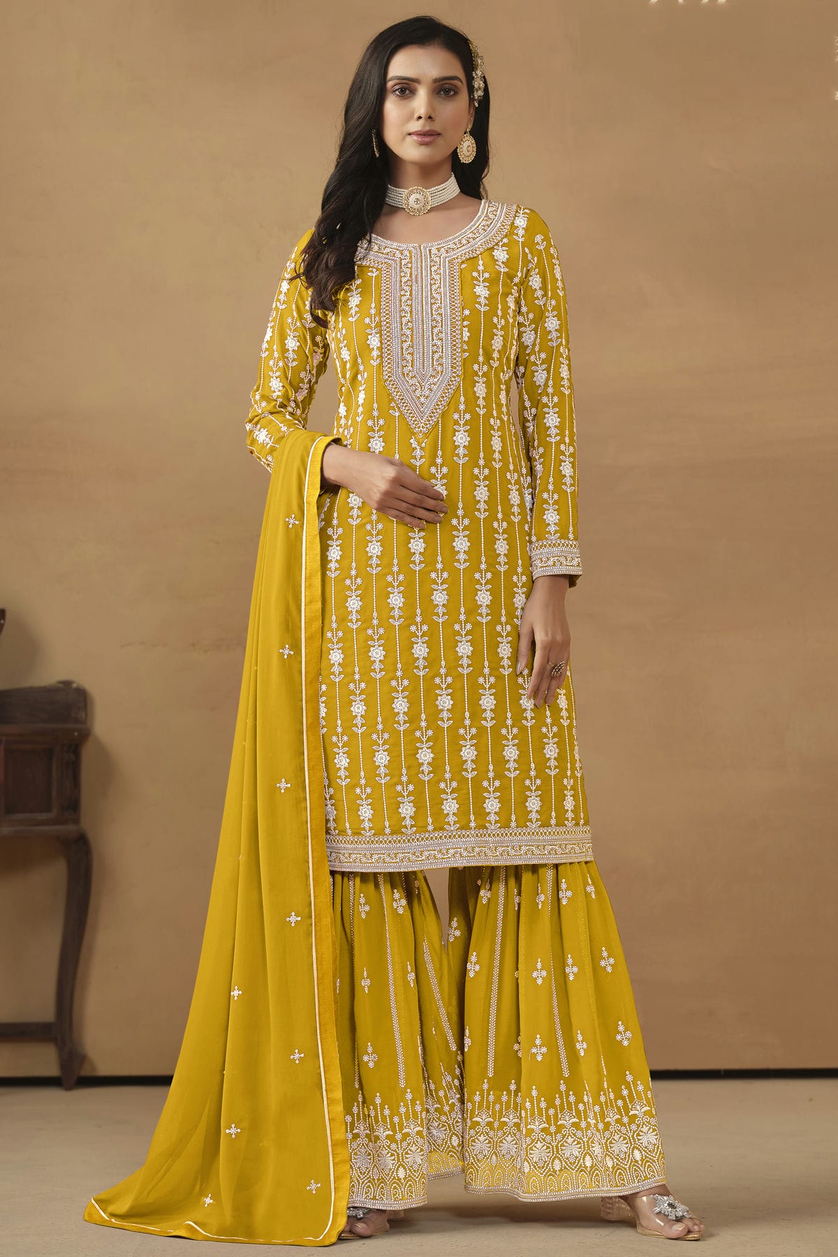 Yellow Colour Semi Stitched Faux Georgette Sharara Suit